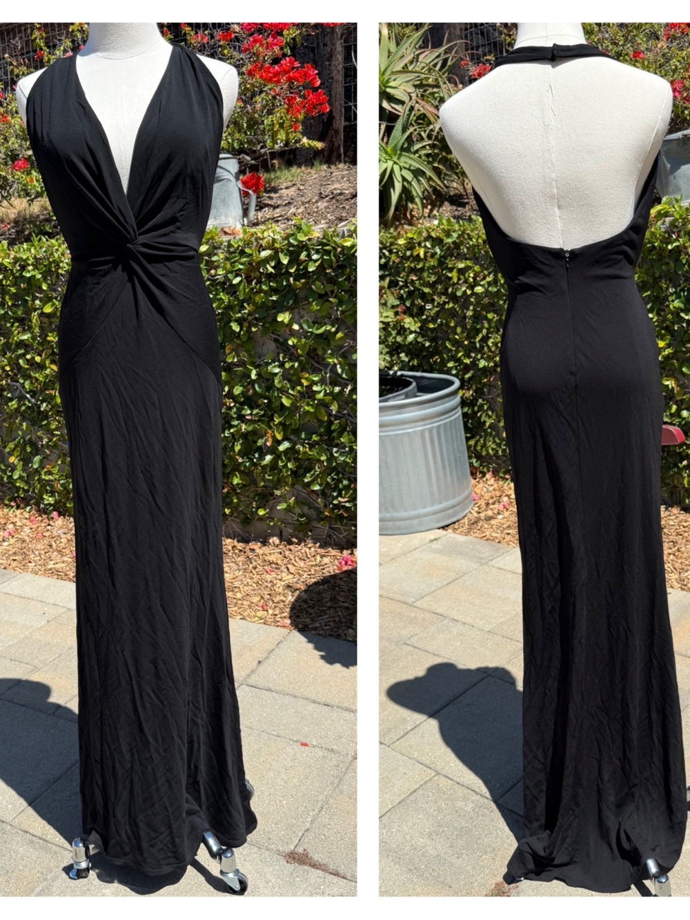 Nicole Bakti vintage 90s black slinky twist-front halter evening gown